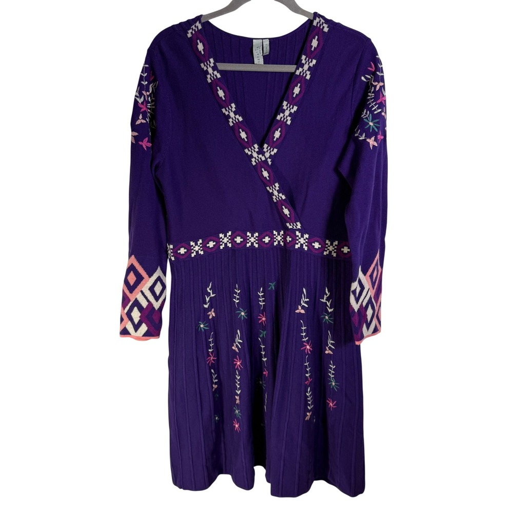 Sahalie Purple Cotton Knit Sweater Dress Floral Embroidered V-Neck Large L